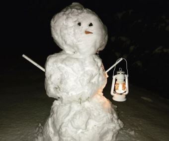 Building a snowman in the backyard